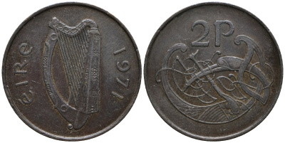 Ирландия 2 пенса 1971 виньетка в виде стилизованной птицы из второй библии Карла II лысого KM 21 бронза 4171-225