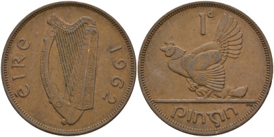 Ирландия 1 пенни 1962 курица с цыплятами KM 11 бронза 4144-1116
