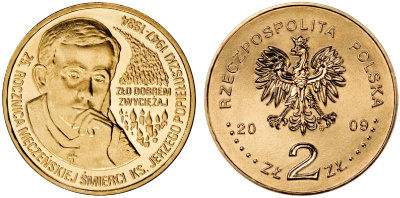 Польша 2 злотых 2009 MW, 25 лет со дня убийства Ежи Попелушко (1947-1984) KM 700 нордик UNC 4676-547