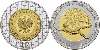 Польша 10 злотых 2006 MW, FIFA, чемпионат мира по футболу в Германии 2006 года KM 754, Schon 590 серебро, биметалл PROOF 1080-9-14