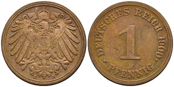 Германия 1 пфенниг 1900 E KM 10, J. 10 медь 4567-1148
