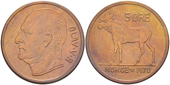 НОРВЕГИЯ 5 ЭРЕ 1970 ЛОСЬ, ОЛАВ V (1957-1991) KM 405 бронза 4521-242