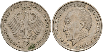 ФРГ 2 марки 1973 G, Конрад Аденауэр KM 124, J. 406 медно-никель 4159-1227