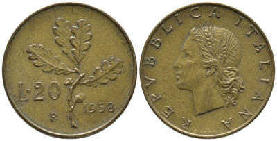 ИТАЛИЯ 20 ЛИР 1958 R ДУБОВАЯ ВЕТВЬ KM 97.1 алюминиевая бронза 34-1252