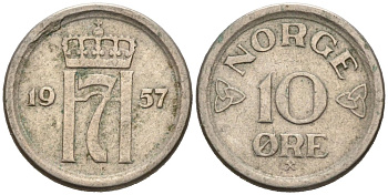 Норвегия 10 эре 1957 Хокон VII (1905-1957) KM 396 медно-никель 4564-823