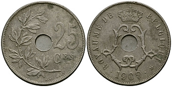 Бельгия 25 сантимов 1909 Belgique KM 62 медно-никель 4168-1211