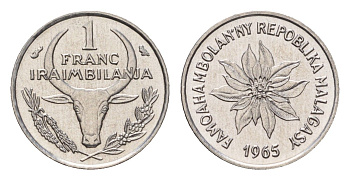 Мадагаскар 1 франк 1965 KM 8 нержавеющая сталь UNC 4669-466