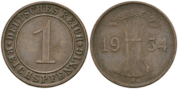 Германия 1 рейхспфенниг 1934 A KM 37, J. 313 бронза 4189-1251