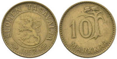 Финляндия 10 марок 1952 H, первый год чекана KM 39 алюминиевая бронза 218-1135