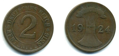 ГЕРМАНИЯ 2 РЕНТЕНПФЕННИГА 1924 E KM 31, J.307 бронза 56-941