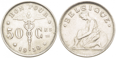 Бельгия 50 сантимов 1930 Belgique, Альберт I (1909-1934) KM 87 никель     3996-1223