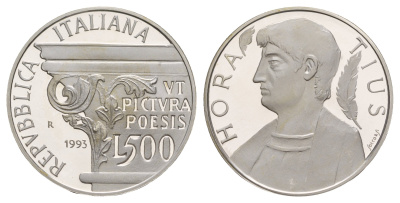 Италия 500 лир 1993 2000 лет со дня смерти Горация KM 156 серебро PROOF 413-6343
