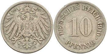 ГЕРМАНИЯ 10 ПФЕННИГОВ 1910 F KM 12, J. 13 медно-никель 31-1031
