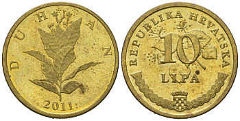 Хорватия 10 липа 2011 нечетный год KM 6 сталь плакированная латунью UNC 4621-369