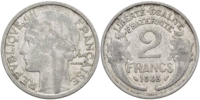 Франция 2 франка 1948 ТИП MORLON KM 886а.1 алюминий 4183-1212