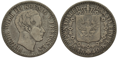 Пруссия 1/6 талера 1840 D, Фридрих Вильгельм III (1797-1840) KM 411 серебро 1519-1433