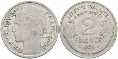 Франция 2 франка 1950 В KM 886а.2, Le Franc 269.17 алюминий 4402-1017