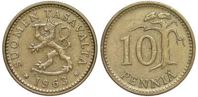 ФИНЛЯНДИЯ 10 ПЕННИ 1963 S, ПЕРВЫЙ ГОД KM 46 алюминиевая бронза 3334-1118