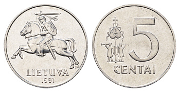 Литва 5 центов (сентов) 1991 год-тип KM 87 алюминий UNC 4695-355
