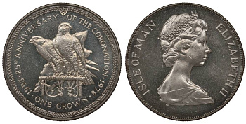 Остров Мэн 1 крона 1978 25 лет коронации королевы Елизаветы II, соколы KM 43 медно-никель UNC 1071-9-63