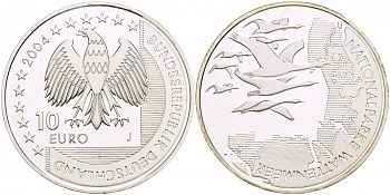 ФРГ 10 евро 2004 J, Национальный парк, Ваттовое море (Wattenmeer) KM 232, DE.S 10.15 серебро PROOF 1082-9-62