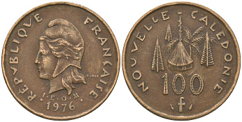 Французская Новая Каледония 100 франков 1976 хижина среди сосен и пальм, (IEOM) KM 15, Schoen 16, Lec 130 никель бронза 88-222