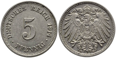 ГЕРМАНИЯ 5 ПФЕННИГОВ 1914 G KM 11, Jager 12, Weege 6 медно-никель 4547-545