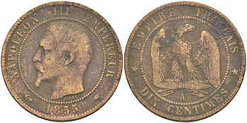 ФРАНЦИЯ 10 САНТИМОВ 1855 A, НАПОЛЕОН III (1852-1870) KM 771.1, LE FRANC 133.19 бронза 38-1041