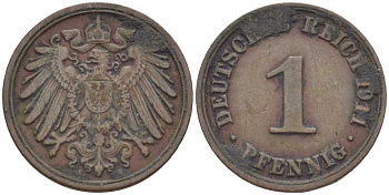 ГЕРМАНИЯ 1 ПФЕННИНГ 1911 А KM 10, J. 10 медь 201-939