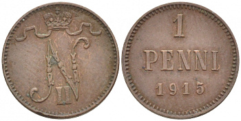 РОССИЯ ДЛЯ ФИНЛЯНДИИ 1 ПЕННИ 1915 НИКОЛАЙ II KM 13, Биткин 475 медь 4396-1441