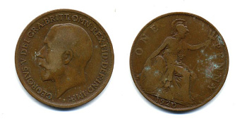 Великобритания 1 пенни 1920 Георг V (1910-1936) КМ 810, Spink 4051 бронза 47-432