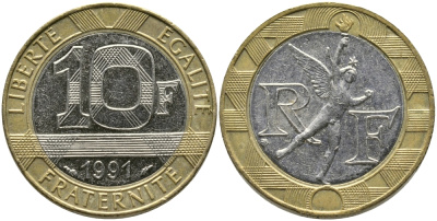 Франция 10 франков 1991 тип гений Бастилии KM 964.1, Le Frank 375.6 биметалл 65-1034