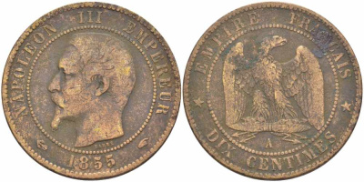Франция 10 сантимов 1855 A, Наполеон III (1852-1870) KM 771.1, Le Franc 133,19 бронза 38-1041