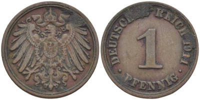 ГЕРМАНИЯ 1 ПФЕННИНГ 1911 А KM 10, J. 10 медь 201-939
