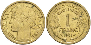 ФРАНЦИЯ 1 ФРАНК 1941 ТИП MORLON KM 885, LE FRANC 219.12 алюминиевая бронза 3853-232