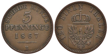 ПРУССИЯ 3 ПФЕННИГА 1867 B, ВИЛЬГЕЛЬМ I (1861-1888) KM 482 медь 186-611