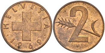 Швейцария 2 раппена 1969 KM 47 бронза 4561-454