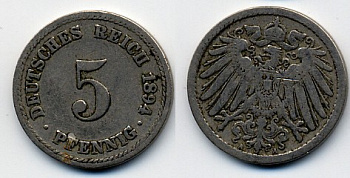ГЕРМАНИЯ 5 ПФЕННИГОВ 1894 A, KM 11, J. 12 медно-никель 51-5249