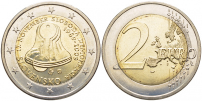Словакия 2 евро 2009 20 лет Бархатной Революции, колокол KM 107 биметалл 175-1035