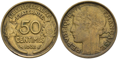Франция 50 сантимов 1932 KM 894.1, Le Franc 192.15 алюминиевая бронза 4596-756