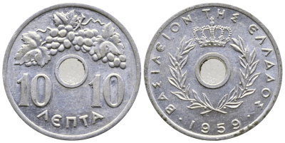 ГРЕЦИЯ 10 ЛЕПТА 1959 ПАВЕЛ I (1947-1964), ВИНОГРАДНАЯ ГРОЗДЬ KM 78 алюминий 4379-1442