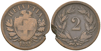 Швейцария 2 раппена 1851 B KM 4 бронза 4547-553