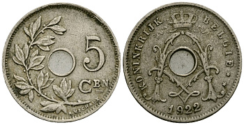 Бельгия 5 сантимов 1922 Belgie KM 67 медно-никель 4173-238