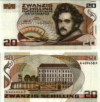 АВСТРИЯ 20 ШИЛЛИНГОВ 1986 (1988) 1 ОКТЯБРЯ 1986, МОРИЦ МИХАЭЛЬ ДАФФИНГЕР, ВЕНСКИЙ ХУДОЖЕСТВЕННЫЙ МУЗЕЙ АЛЬБЕРТИНА Pick 148 бумага UNC (ПРЕСС) 7214-46-3-1