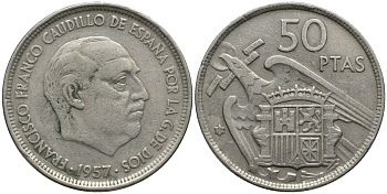 Испания 50 песет 1957 (59) Франсиско Франко (1939-1975) KM 788 медно-никель 4111-943