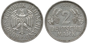 ФРГ 2 марки 1951 F J 386, KM 111 медно-никель плакированный никелем 72-223