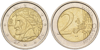 Италия 2 евро 2003 Данте Алигьери KM 217 биметалл 4148-655