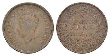 Британская Индия 1/4 анна 1939 Георг VI (1936-1952) KM 530 бронза 4650-945