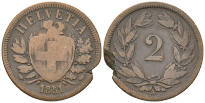 Швейцария 2 раппена 1851 B KM 4 бронза 4547-553