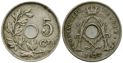 Бельгия 5 сантимов 1922 Belgie KM 67 медно-никель 4173-238